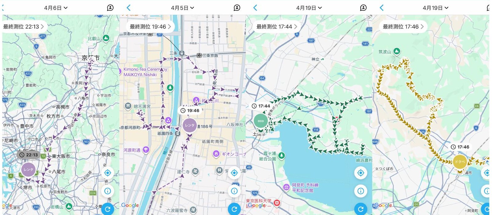 GPSデータで確認できる利用者の走行ルート — 京都・大阪、京都市街、霞ヶ浦、つくばの実走行記録