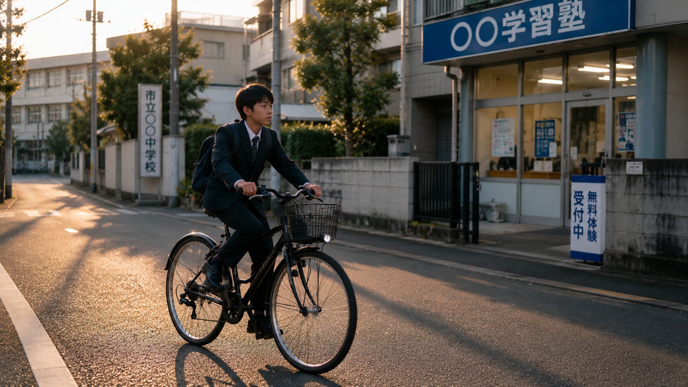 朝、自転車で通学する学生