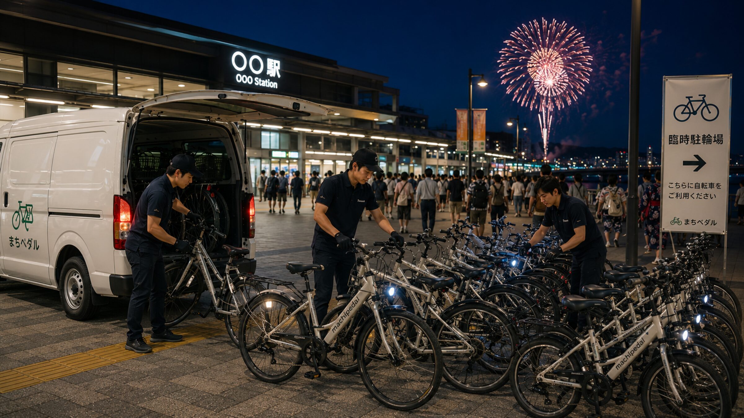 夜のイベント会場に臨時の駐輪拠点を設営するスタッフ