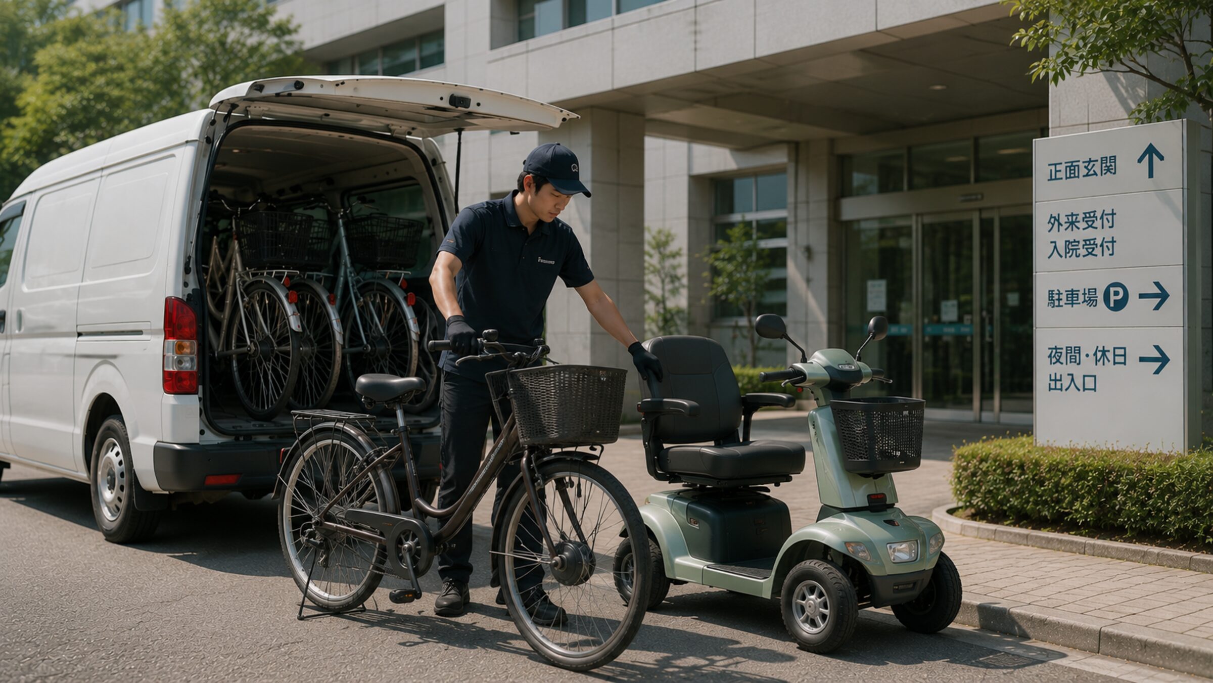 病院前へ車両を配備するスタッフ