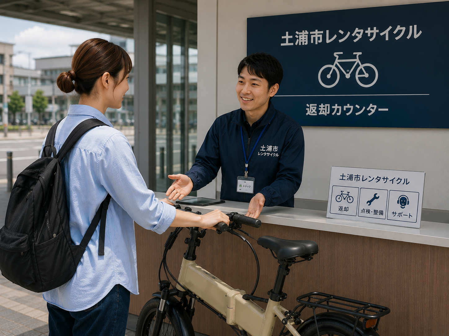 返却カウンターで対応するスタッフ